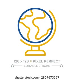 Earth globe pixel perfect two color line icon. Geography lesson. Back to school. Academic subject learning bicolor outline symbol. Duotone linear pictogram. Isolated illustration. Editable stroke