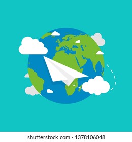Earth globe with plane. Earth in flat style. Plane flying. Earth. Vector illustration