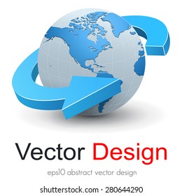 Earth globe, planet with dynamic arrow, 3D vector design.