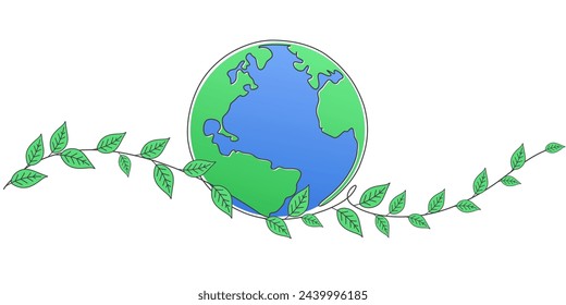 earth globe with plant leaves line art style vector illustration, earth day, environment day illustration