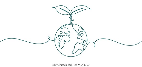 Earth globe with plant leaves line art style vector illustration