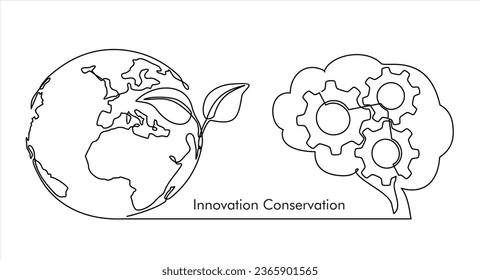 Earth globe with plant, thoughts  in a brain with gears in one continuous line drawing. Concept of Eco innovation, idea of green energy and global solution with electricity in simple doodle