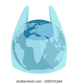 Earth globe in plastic bag. Plastic pollution concept. Greenhouse effect. Vector illustration, flat style. Isolated on white background. 