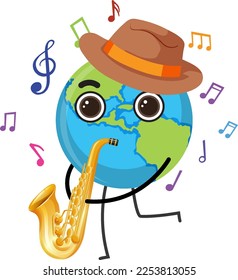 Earth globe playing saxophone illustration
