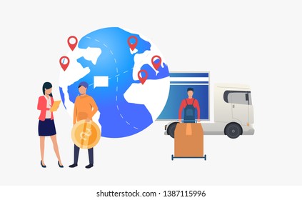 Earth globe with pointers, truck and person with big coin. Transportation, vehicle, freight concept. Vector illustration can be used for topics like business, logistics, international delivery