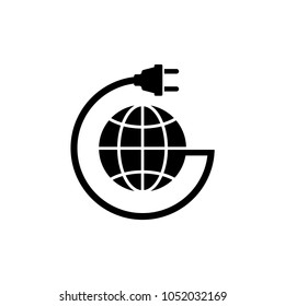 Earth Globe with Power Cable. Flat Vector Icon. Simple black symbol on white background