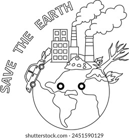  The earth with globe, power plant, wastepolluted and the slogan "save the earth" cute cartoon character coloring page for kids. Earth day line illustration with sad polluted planet. Environment frien