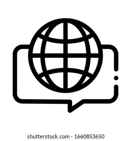 Earth Globe In Quote Frame Icon Thin Line Vector. Worldwide International Different Languages Speaking Concept Linear Pictogram. Monochrome Outline Sign Isolated Contour Symbol Illustration
