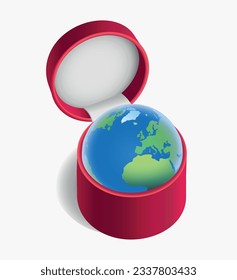 Planeta terrestre en un caso rojo sobre un fondo blanco. Ilustración del vector