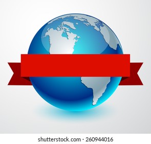 Earth globe with red ribbon. Vector illustration.