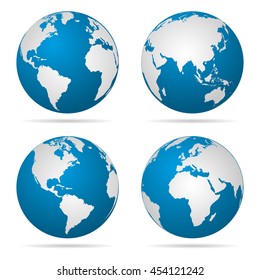 Earth globe revolved in four different stages with shadow. Vector illustration