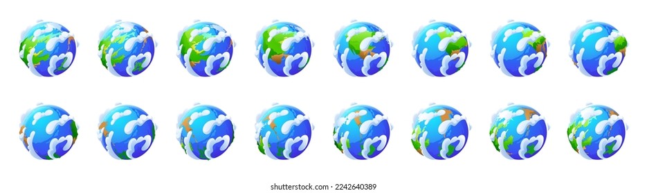 Earth globe rotation. Icons of world, planet from different views. Green and blue planet with white clouds turnaround set isolated on background, vector cartoon illustration