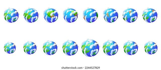 Erdkugel-Rotation. Ikonen der Welt, Planet aus unterschiedlichen Ansichten. Grüner und blauer Planet mit weißen Wolken, umkreisend einzeln auf Hintergrund, Vektorgrafik-Vektorgrafik