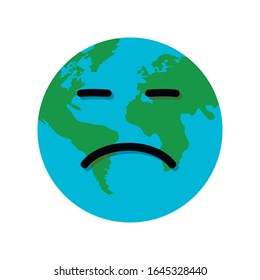 Earth globe sad emotion face vector illustration isolated on a white backgorund.Earth face .Earth emotion.Sad planet.Save planet concept 