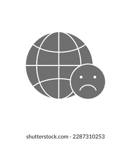 Earth globe with sad face grey fill icon. Global technology, internet, social network symbol design.