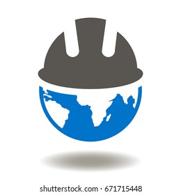 Earth Globe Safety Helmet Vector Icon. World Planet Hard Hat Illustration. Global Work Security Protection Industry Technology.