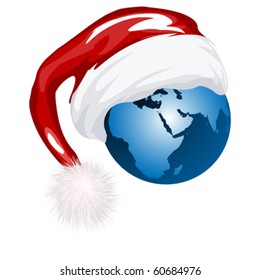 Earth globe with Santa hat against white background