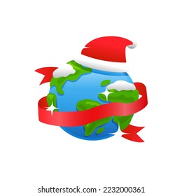 Earth globe and santa hat showing concept of Christmas around the world on a white background