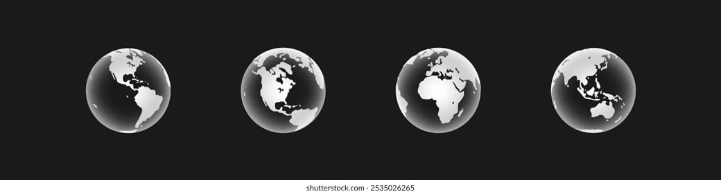 Earth globe set icon. 3d world map in circle on black background. Isolated vector