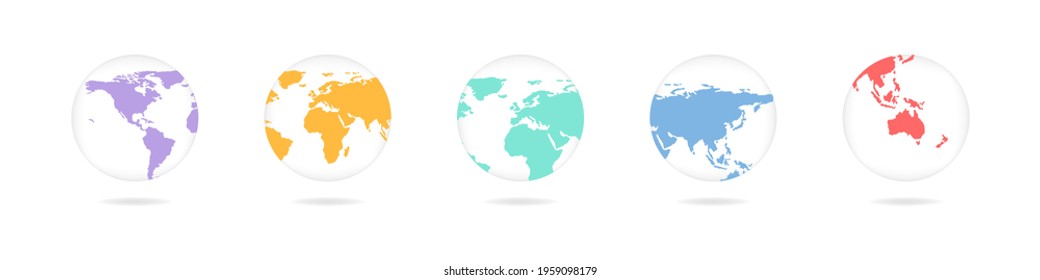 Earth globe set. Vector illustration. World map in globe shape on white background.