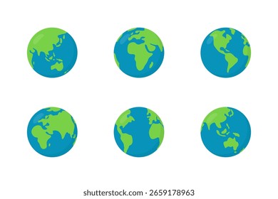 Erdkugelsatz. Weltkugel-Vektorsatz. Planet Erde Doodle Globus. Zeichensatz für die Weltkarte. Farbsymbole für Kontinente.