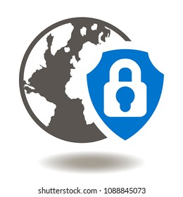 Earth Globe Shield Padlock Icon Vector. World Safety and Security Illustration.  Global Internet Network Protection Logo Symbol.