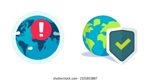 Earth globe shield protection as world planet safe vector icon or global conflict hazard attack and environment danger caution or warning help alert flat cartoon illustration, concept of anti-virus