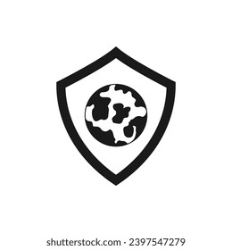 Earth globe and shield. World protection icon flat style isolated on white background. Vector illustration