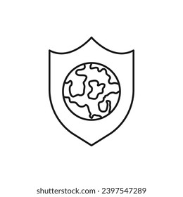 Earth globe and shield. World protection icon line style isolated on white background. Vector illustration