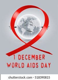 Earth Globe Showing Red Ribbon As A Symbol Of World Aids Day Rememberance, Vector Poster World United Against Disease On A Gray Neutral Background