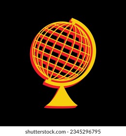 Earth Globe Schild. 3D-extrudiertes gelbes Symbol mit roten Seiten auf schwarzem Hintergrund. Illustration.