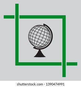 Earth Globe sign. Black icon inside green crop tool at light gray background