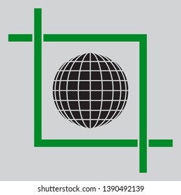 Earth Globe sign. Black icon inside green crop tool at light gray background