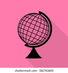 Earth Globe sign. Black icon with flat style shadow path on pink background.