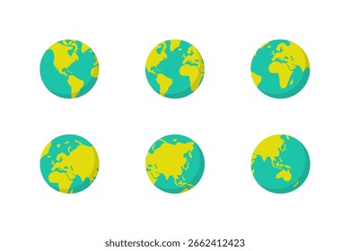Señal del globo terráqueo. Conjunto de Vector Globe Earht. Signo mundial del planeta. Conjunto de signos de continente. Tierra de color aislado conjunto en diseño plano.