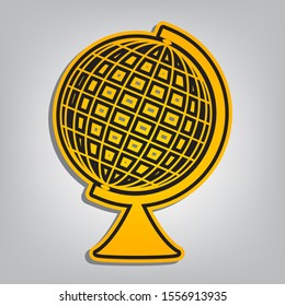 Earth Globe sign. Flat orange icon with overlapping linear black icon with gray shadow at whitish background. Illustration.