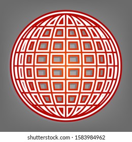 Earth Globe sign. Flat red icon with linear white icon with gray shadow at grayish background. Illustration.