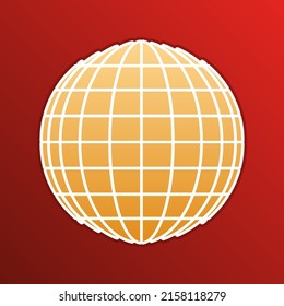 Earth Globe sign. Golden gradient Icon with contours on redish Background. Illustration.