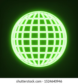 Earth Globe sign. Green neon icon in the dark. Blurred lightening. Illustration.