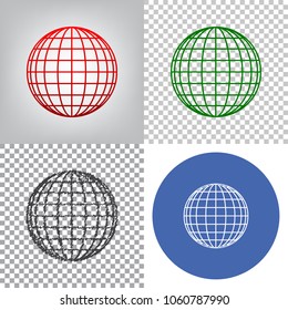 Earth Globe sign. Vector. 4 styles. Red gradient in radial lighted background, green flat and gray scribble icons on transparent and linear one in blue circle.