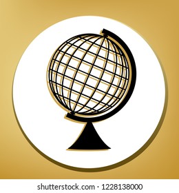 Earth Globe sign. Vector. Black icon with light brown shadow in white circle with shaped ring at golden background.