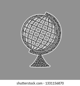 Earth Globe sign. Vector. Black maze filled icon with white border at gray background.