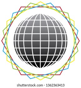 Earth Globe sign. Vector. Black icon with patch of light inside colorful hexagonal frames at white background.