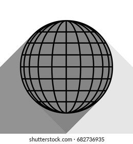 Earth Globe sign. Vector. Black icon with two flat gray shadows on white background.