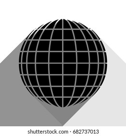 Earth Globe sign. Vector. Black icon with two flat gray shadows on white background.