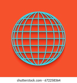 Earth Globe sign. Vector. Blue icon with soft shadow putted down on flamingo background.