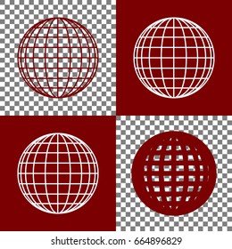 Earth Globe sign. Vector. Bordo and white icons and line icons on chess board with transparent background.