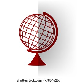 Earth Globe sign. Vector. Bordo icon on white bending paper background.