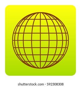 Earth Globe sign. Vector. Brown icon at green-yellow gradient square with rounded corners on white background. Isolated.