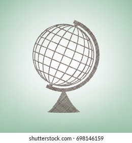 Earth Globe sign. Vector. Brown flax icon on green background with light spot at the center.